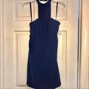 Navy blue mini dress with high neck.